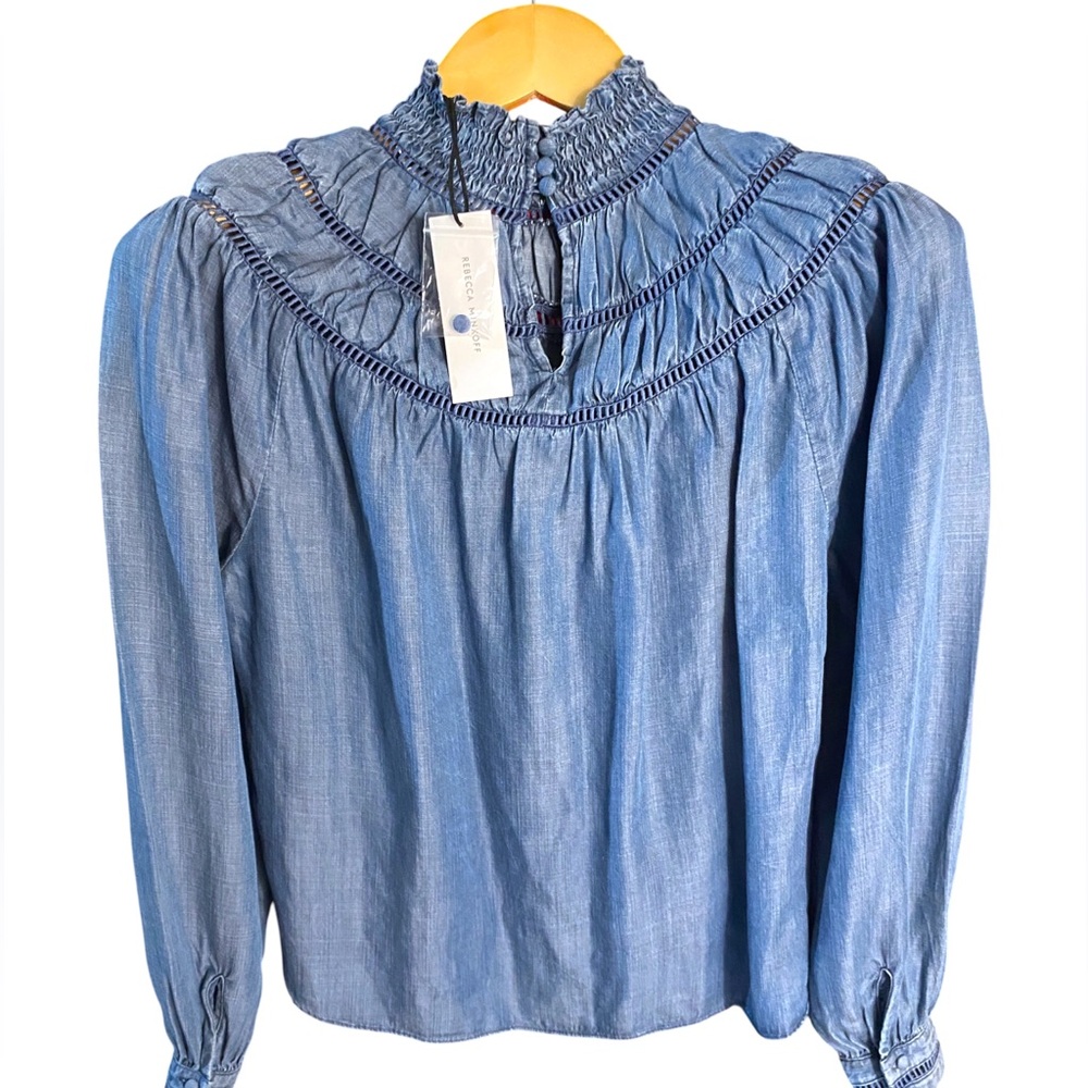 Rebecca Minkoff Jordana Smocked NWT! Chambray Blouse $198 Sz. XS